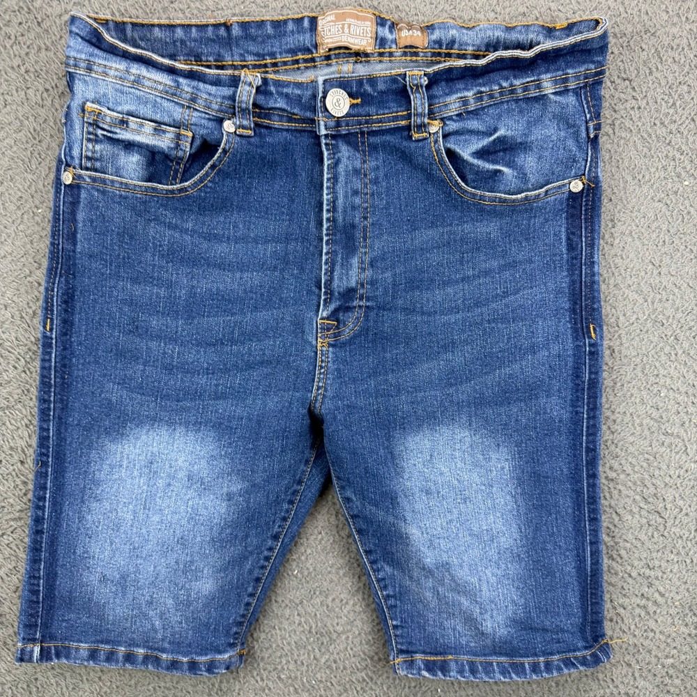 Stitches & Rivets Mens Blue Denim Jean Shorts Size 34 Stretch Faded Casual